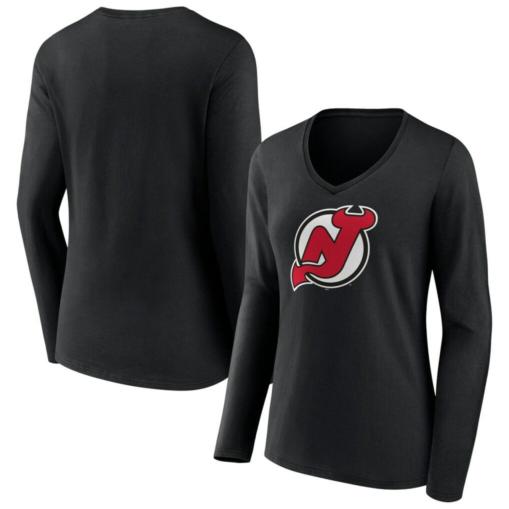 New Jersey Devils Women's Primary Team Logo Long Sleeve V-Neck T-Shirt - Black | US 5221237