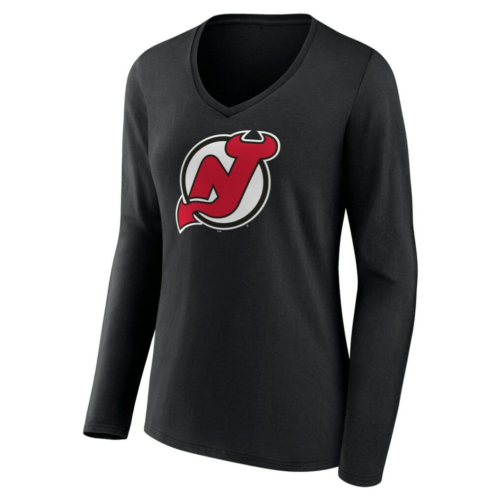 New Jersey Devils Women's Primary Team Logo Long Sleeve V-Neck T-Shirt - Black | US 5221237