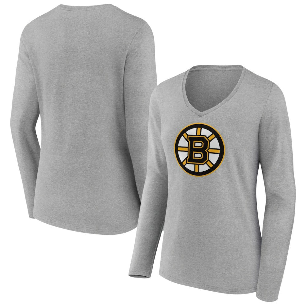 Boston Bruins Women's Primary Logo Team Long Sleeve V-Neck T-Shirt - Heather Gray | US 5221240