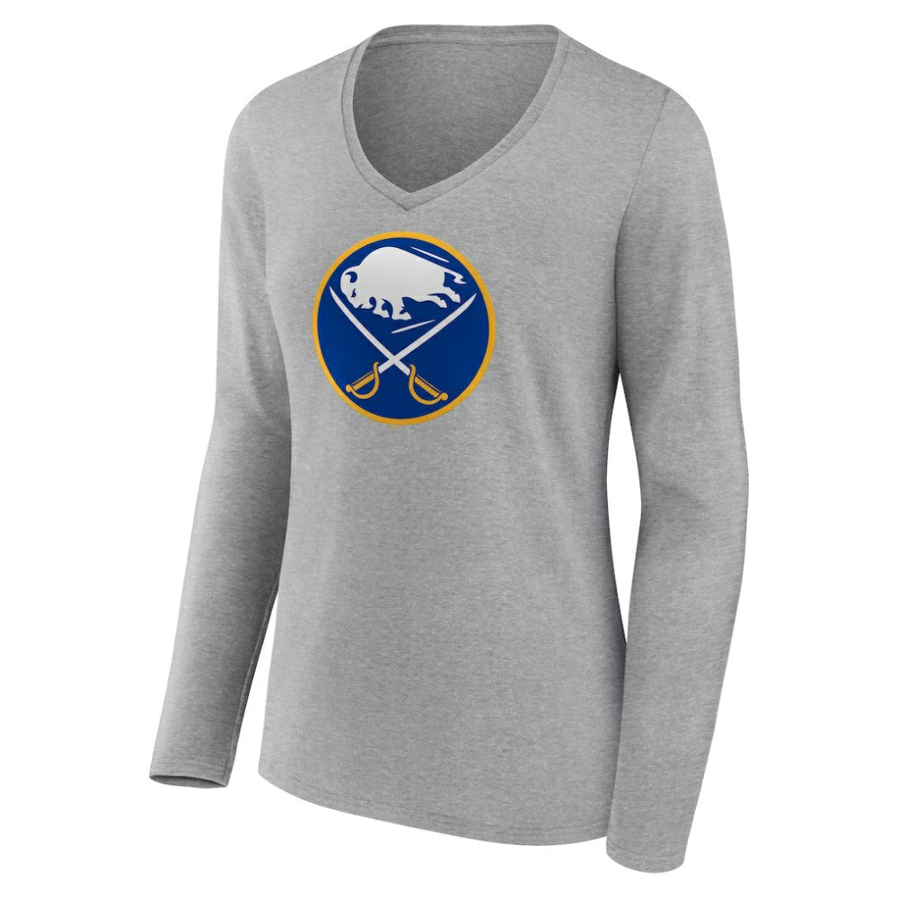 Buffalo Sabres Women's Primary Logo Team Long Sleeve V-Neck T-Shirt - Heather Gray | US 5221241