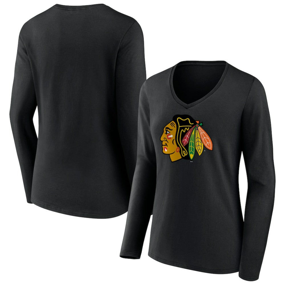 Chicago Blackhawks Women's Primary Team Logo Long Sleeve V-Neck T-Shirt - Black | US 5221243