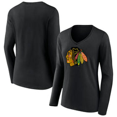 Chicago Blackhawks Women's Primary Team Logo Long Sleeve V-Neck T-Shirt - Black | US 5221243