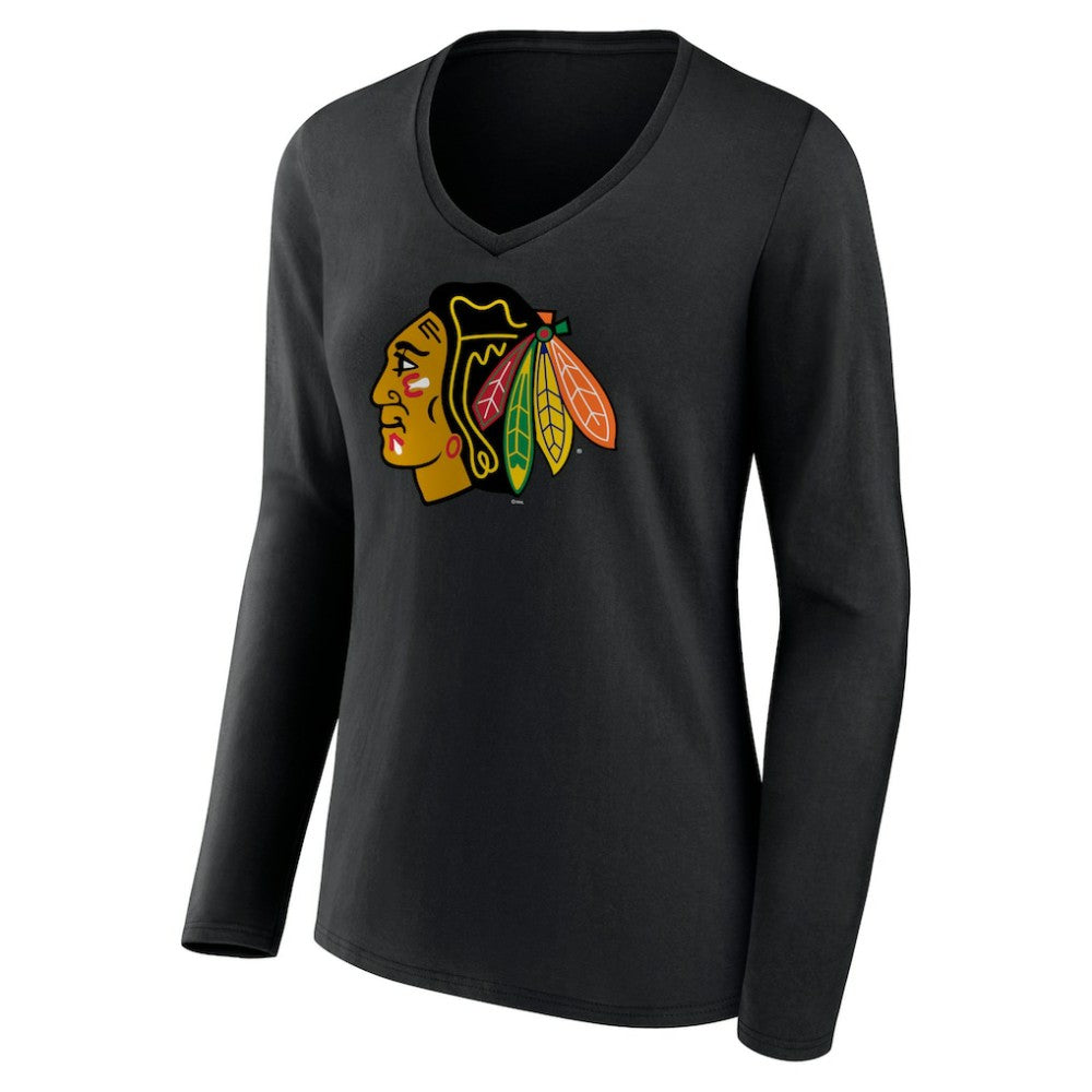 Chicago Blackhawks Women's Primary Team Logo Long Sleeve V-Neck T-Shirt - Black | US 5221243
