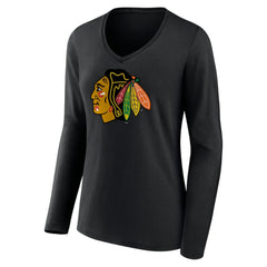 Chicago Blackhawks Women's Primary Team Logo Long Sleeve V-Neck T-Shirt - Black | US 5221243
