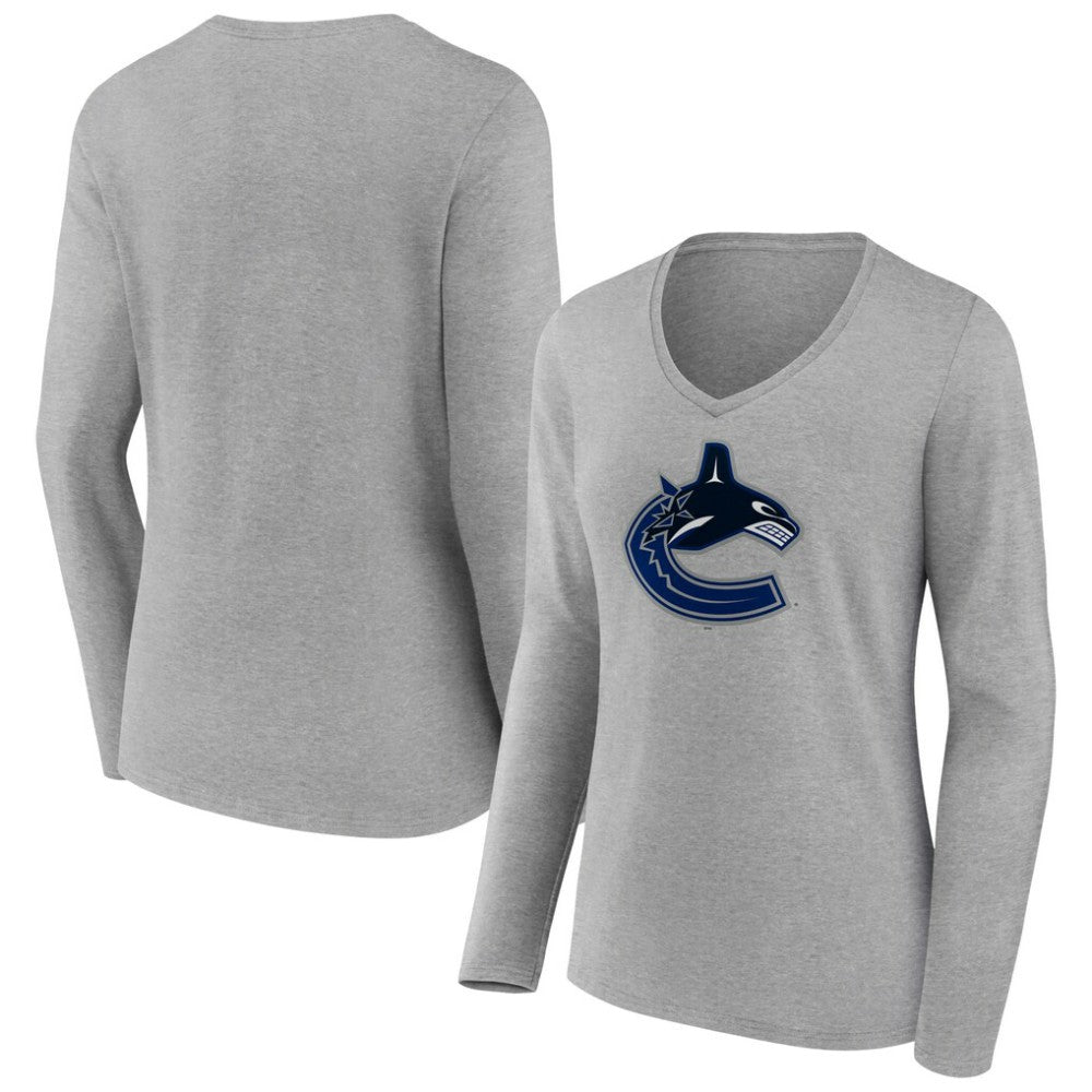 Vancouver Canucks Women's Primary Logo Team Long Sleeve V-Neck T-Shirt - Heather Gray | US 5221244