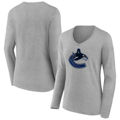 Vancouver Canucks Women's Primary Logo Team Long Sleeve V-Neck T-Shirt - Heather Gray | US 5221244