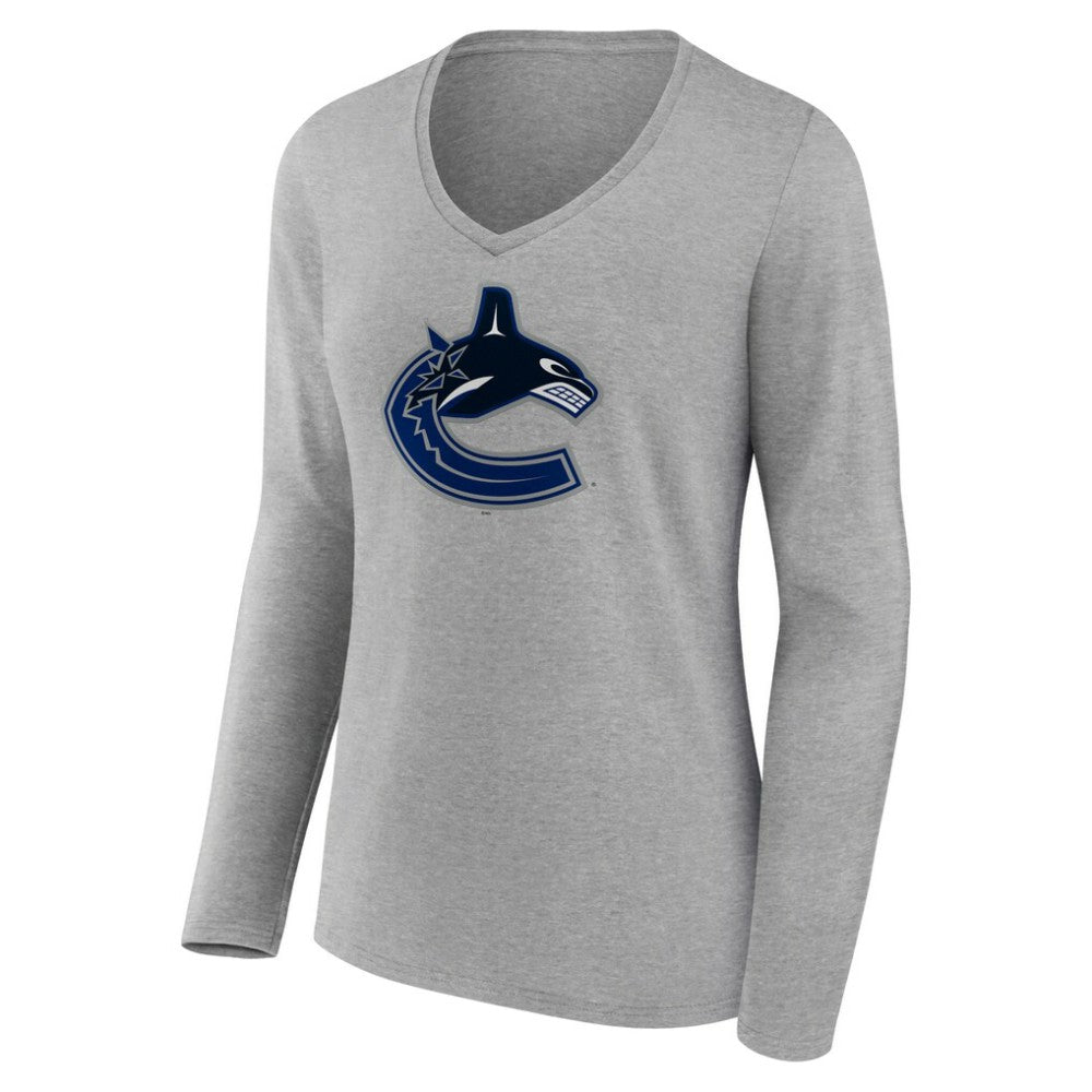 Vancouver Canucks Women's Primary Logo Team Long Sleeve V-Neck T-Shirt - Heather Gray | US 5221244