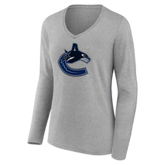 Vancouver Canucks Women's Primary Logo Team Long Sleeve V-Neck T-Shirt - Heather Gray | US 5221244