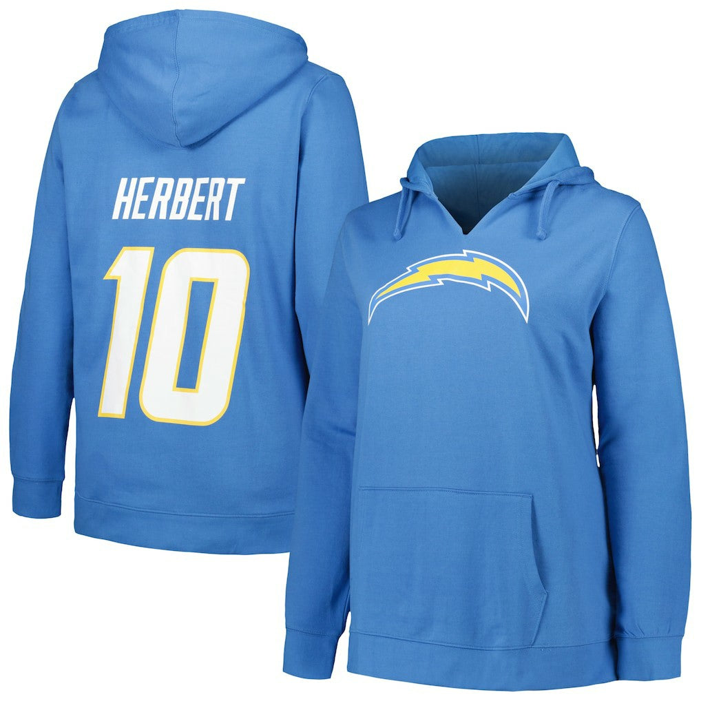 Justin Herbert Los Angeles Chargers Profile Women's Plus Size Player Name & Number Pullover Hoodie - Powder Blue Hoodies