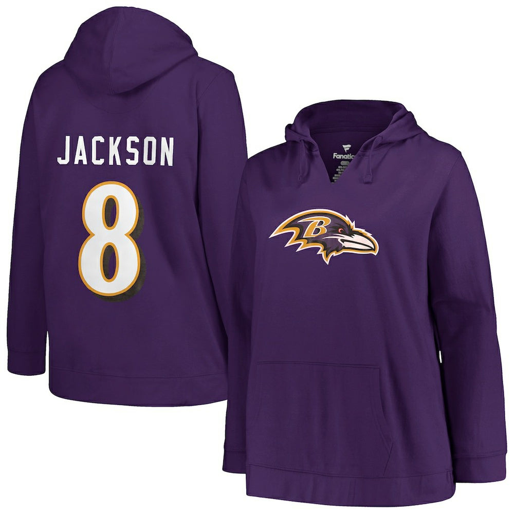Lamar Jackson Baltimore Ravens Profile Women's Plus Size Player Name & Number Pullover Hoodie - Purple Hoodies