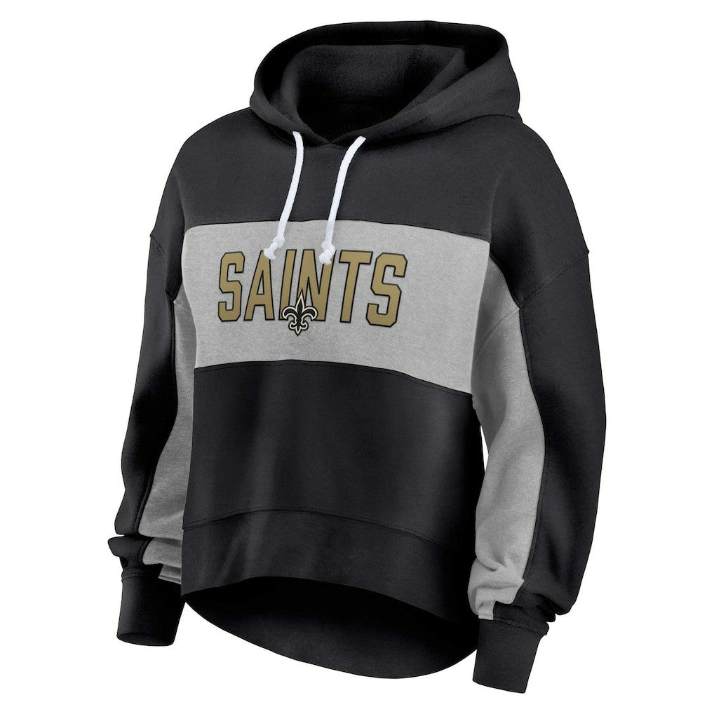 New Orleans Saints Women's Filled Stat Sheet Lighweight Modest Crop Hoodie - Black Hoodies