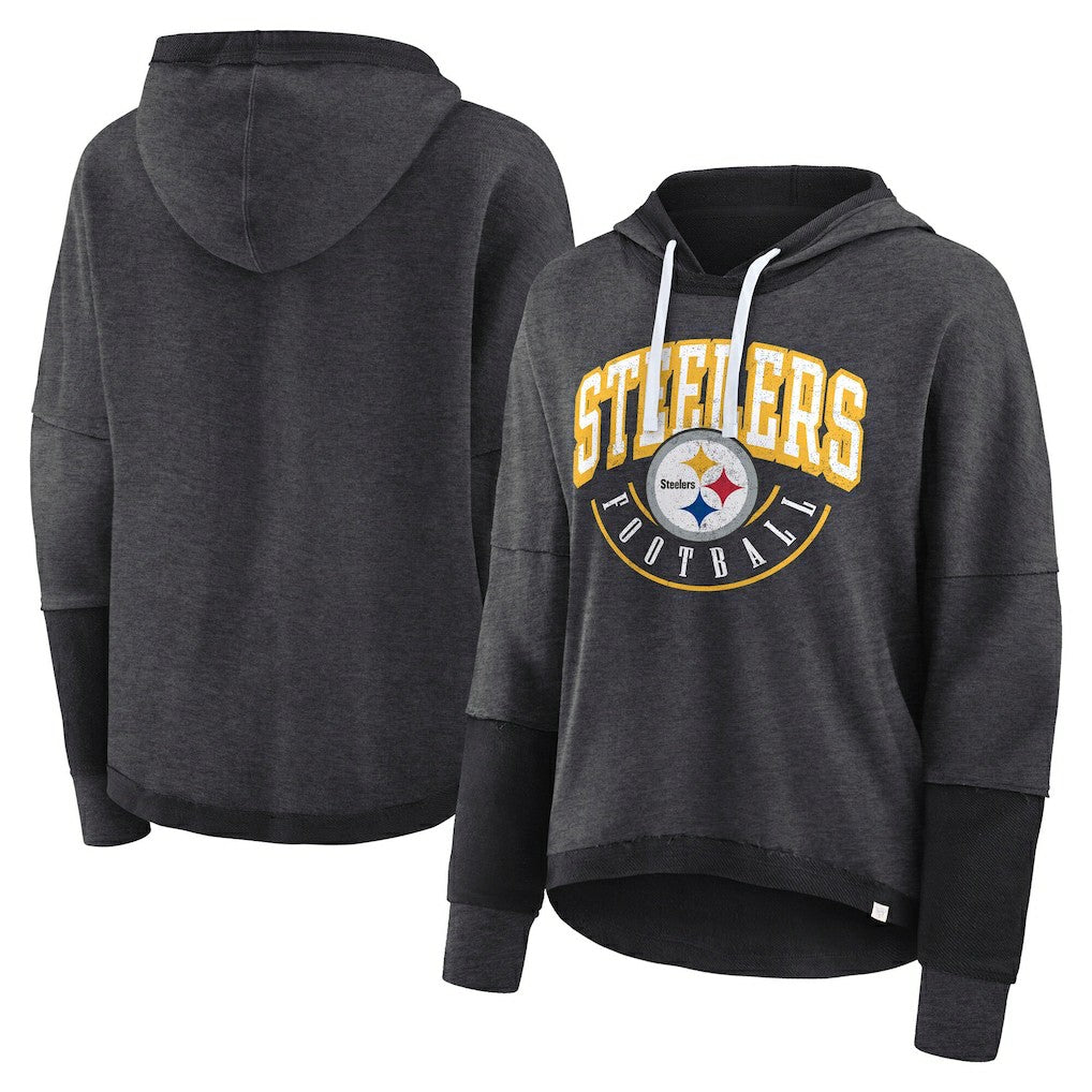 Pittsburgh Steelers Women's Lightewight Modest Crop Lounge Helmet Arch Pullover Hoodie - Charcoal Hoodies