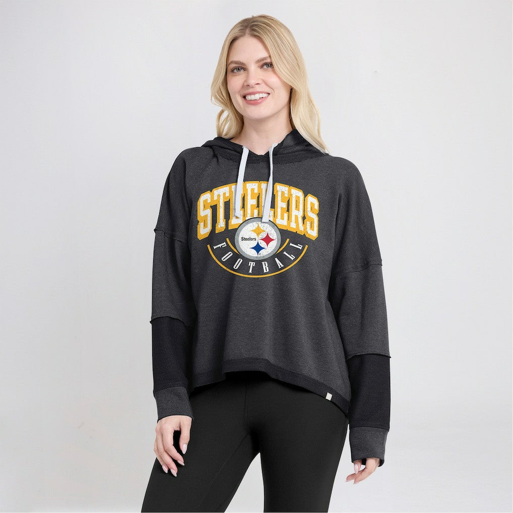 Pittsburgh Steelers Women's Lightewight Modest Crop Lounge Helmet Arch Pullover Hoodie - Charcoal Hoodies