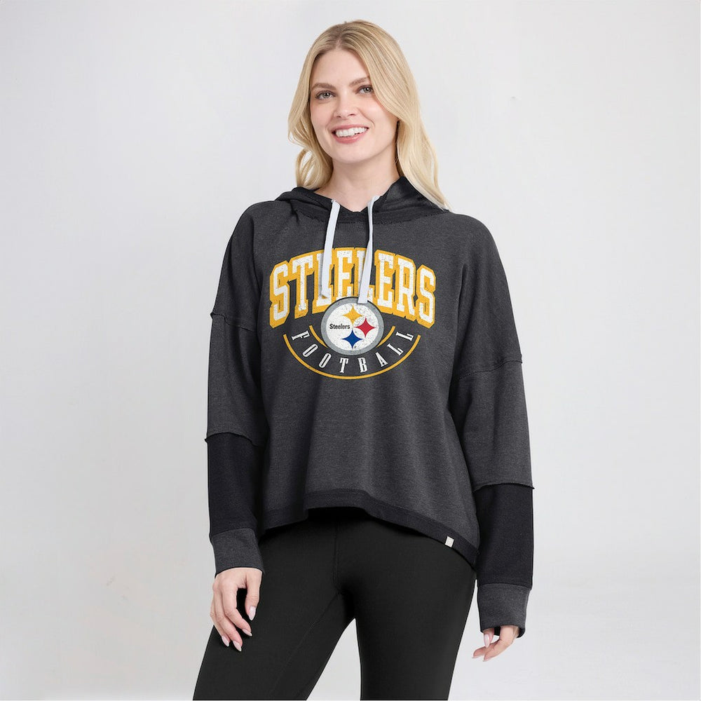 Pittsburgh Steelers Women's Lightewight Modest Crop Lounge Helmet Arch Pullover Hoodie - Charcoal Hoodies