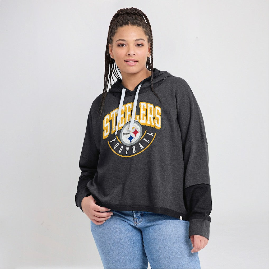 Pittsburgh Steelers Women's Lightewight Modest Crop Lounge Helmet Arch Pullover Hoodie - Charcoal Hoodies