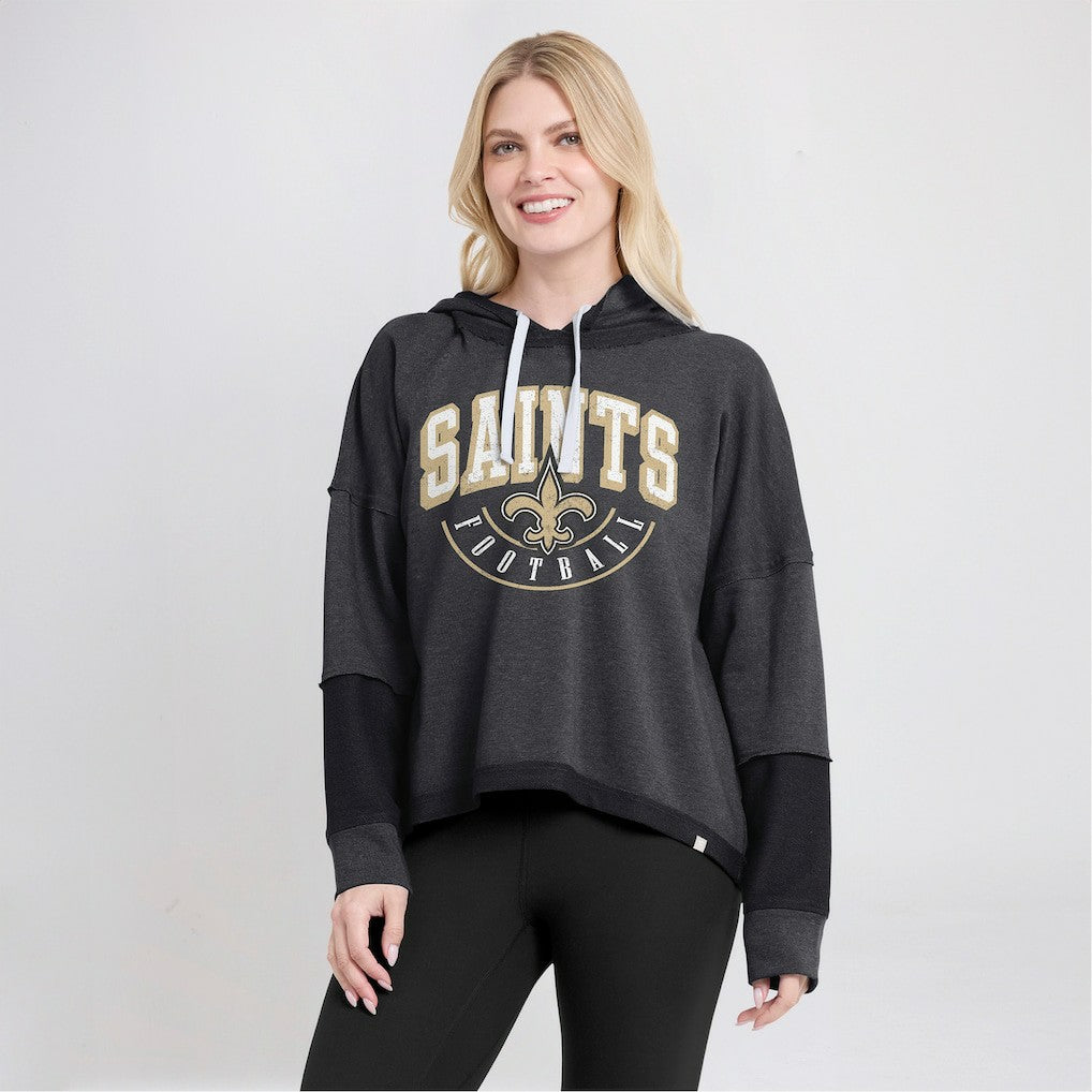 New Orleans Saints Women's Lightewight Modest Crop Lounge Helmet Arch Pullover Hoodie - Charcoal Hoodies