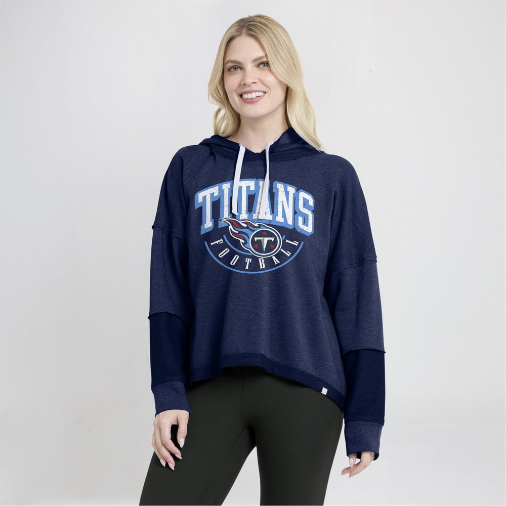 Tennessee Titans Women's Lightewight Modest Crop Lounge Helmet Arch Pullover Hoodie - Navy Hoodies