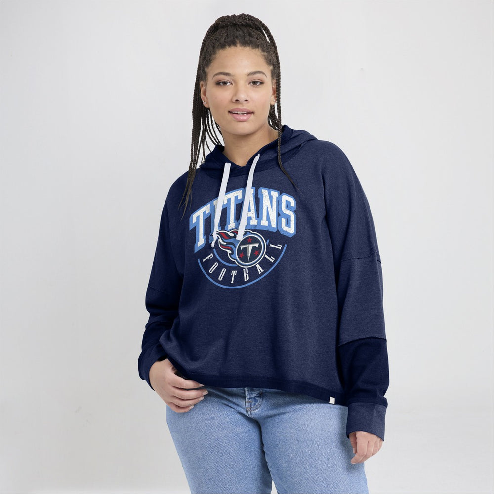 Tennessee Titans Women's Lightewight Modest Crop Lounge Helmet Arch Pullover Hoodie - Navy Hoodies