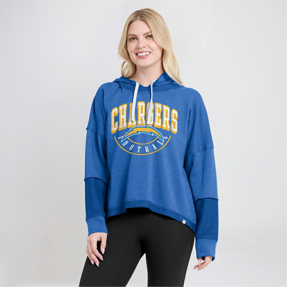 Los Angeles Chargers Women's Lightewight Modest Crop Lounge Helmet Arch Pullover Hoodie - Powder Blue Hoodies