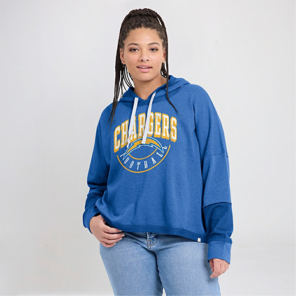 Los Angeles Chargers Women's Lightewight Modest Crop Lounge Helmet Arch Pullover Hoodie - Powder Blue Hoodies