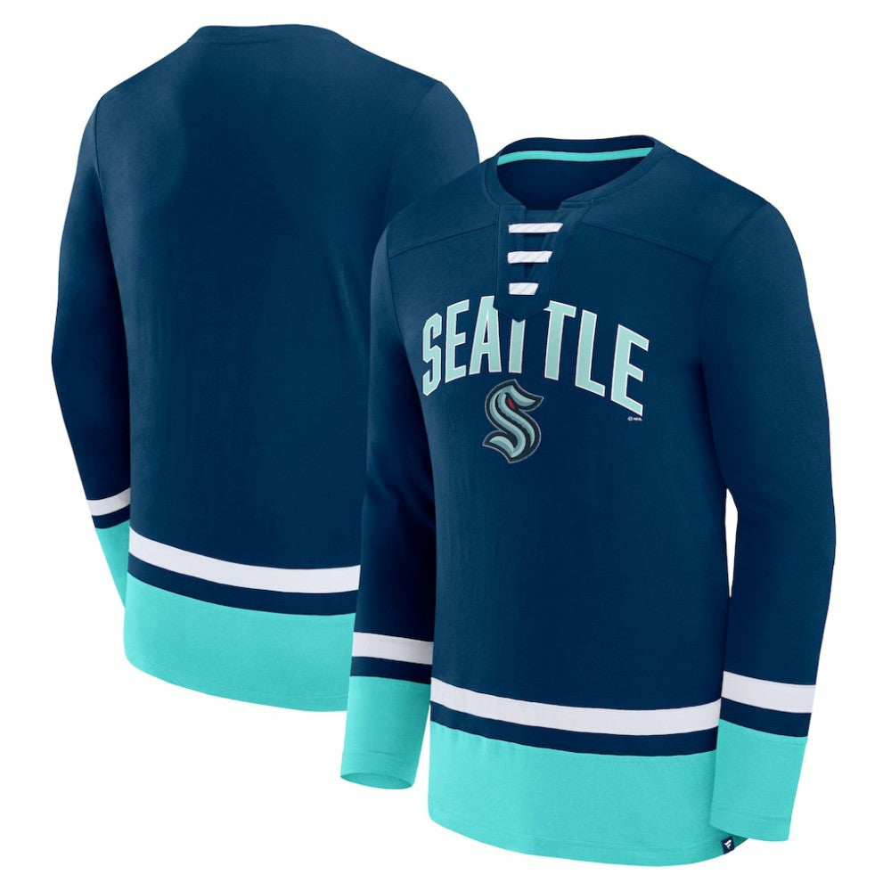 Seattle Kraken Fanatics Back Pass Lace-Up Long Sleeve T-Shirt - Deep Sea Blue | US 5237185