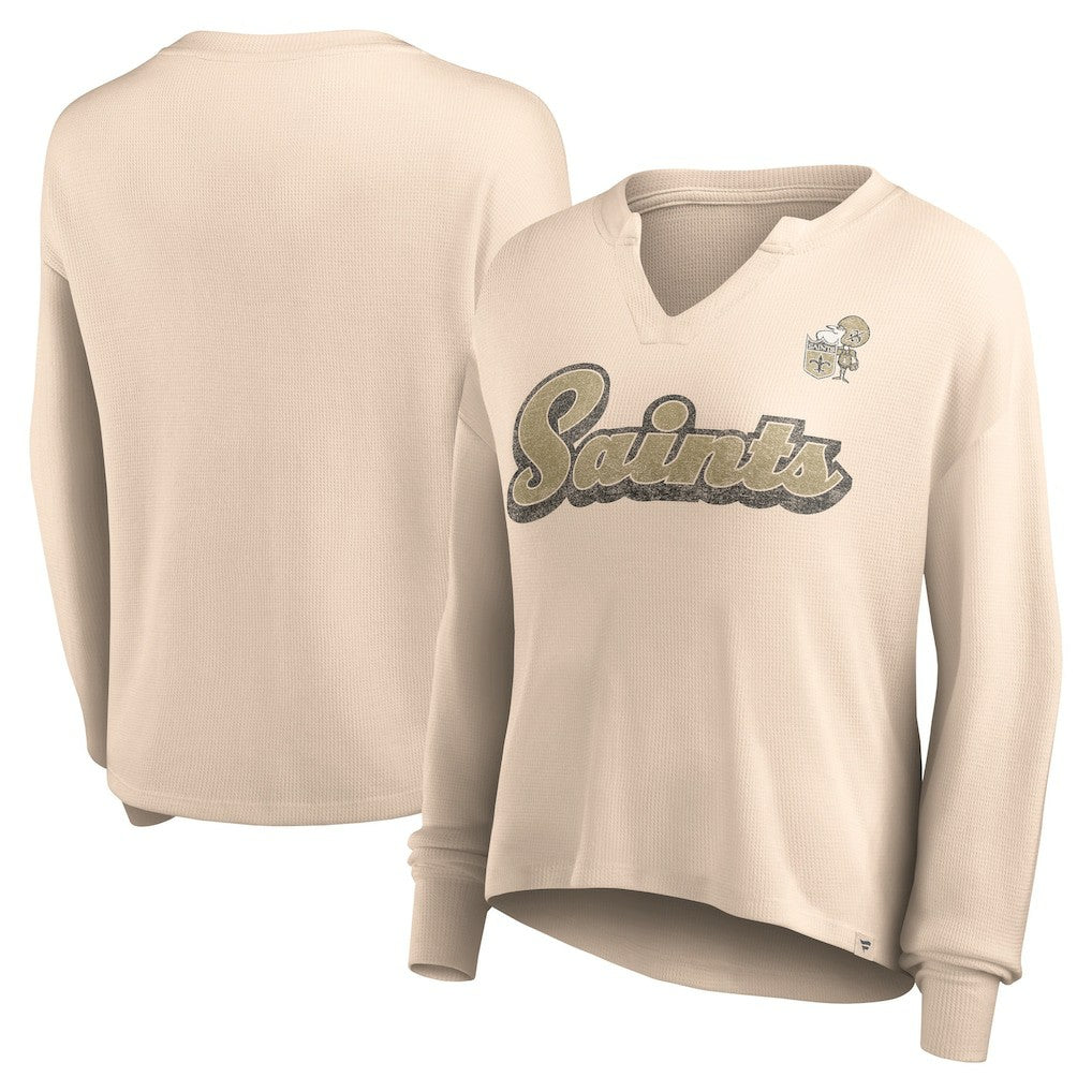 New Orleans Saints Women's Go For It Notch Neck Waffle Knit Lightweight Long Sleeve T-Shirt - Tan T-shirts