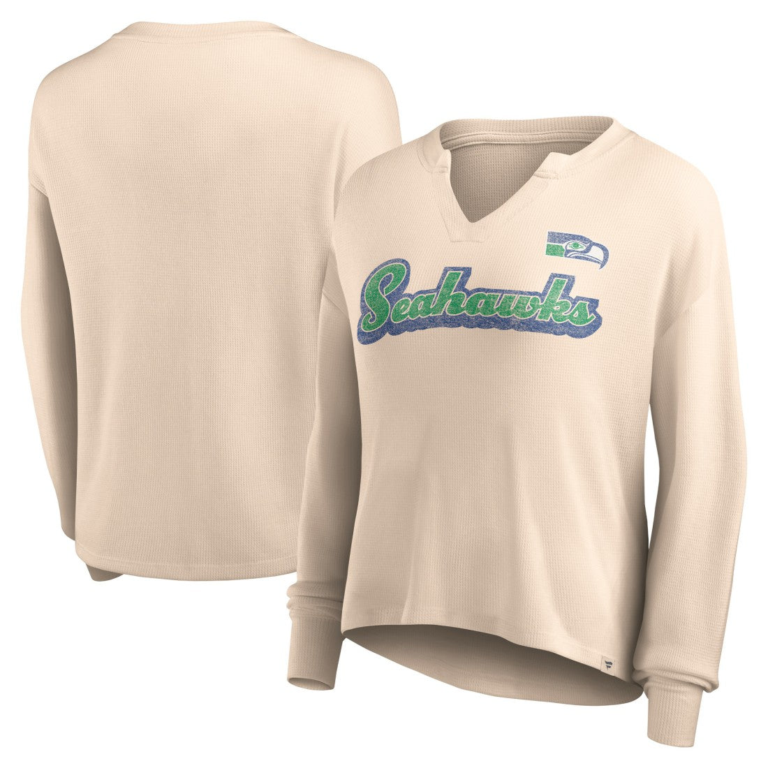 Seattle Seahawks Women's Go For It Notch Neck Waffle Knit Lightweight Long Sleeve T-Shirt - Tan T-shirts