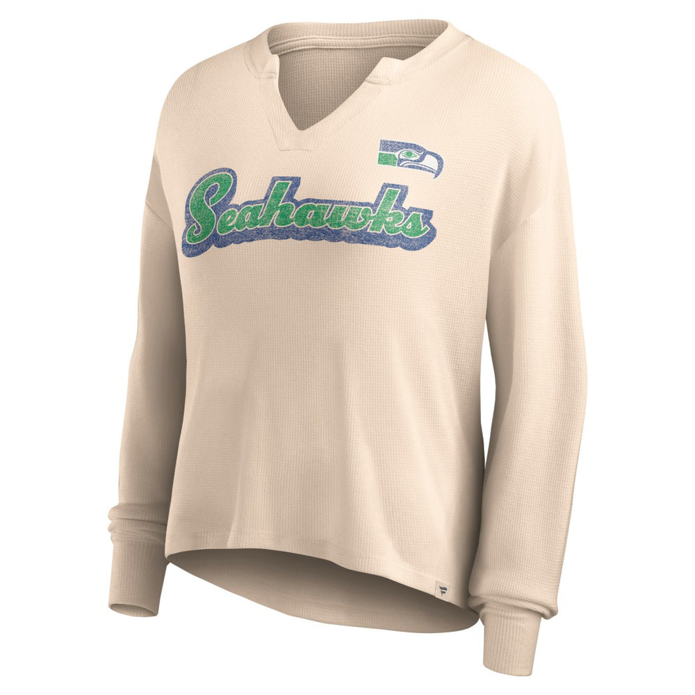 Seattle Seahawks Women's Go For It Notch Neck Waffle Knit Lightweight Long Sleeve T-Shirt - Tan T-shirts