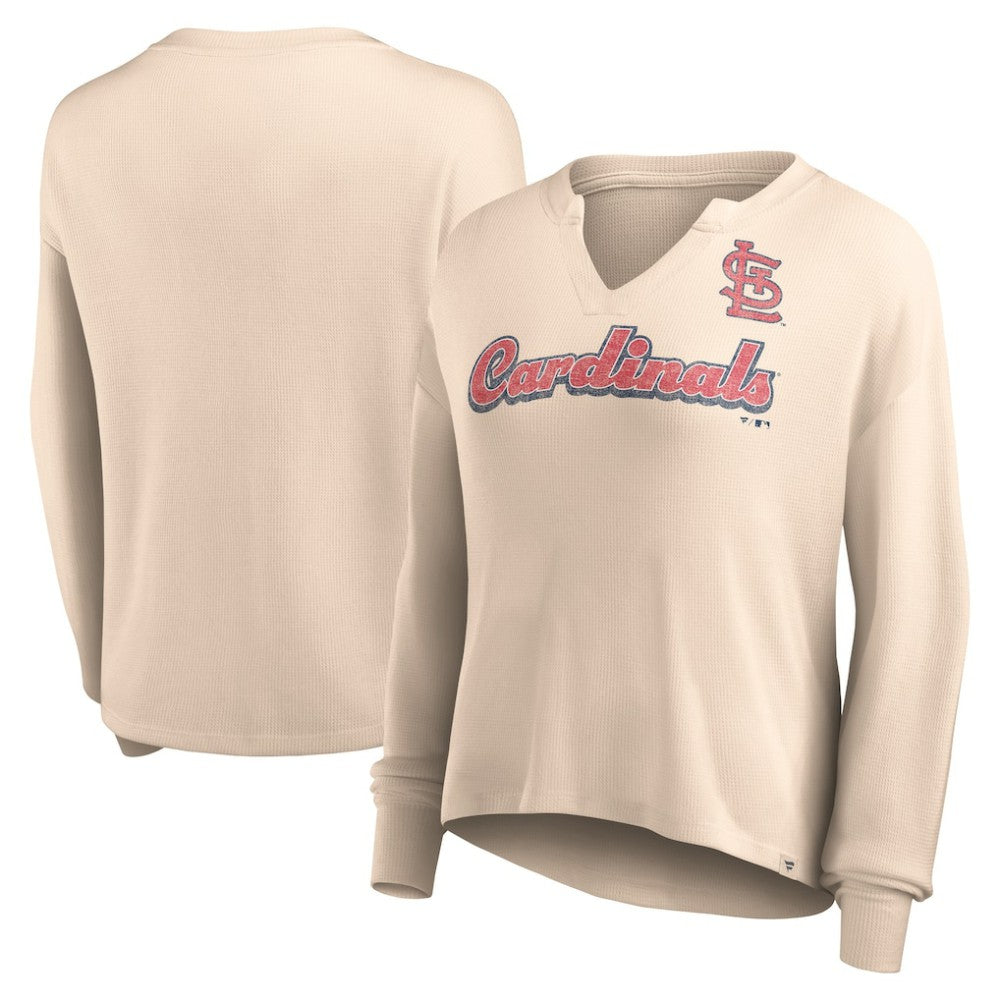 St. Louis Cardinals Fanatics Women's Go For It Waffle Knit Long Sleeve Notch Neck T-Shirt - Cream T-shirts