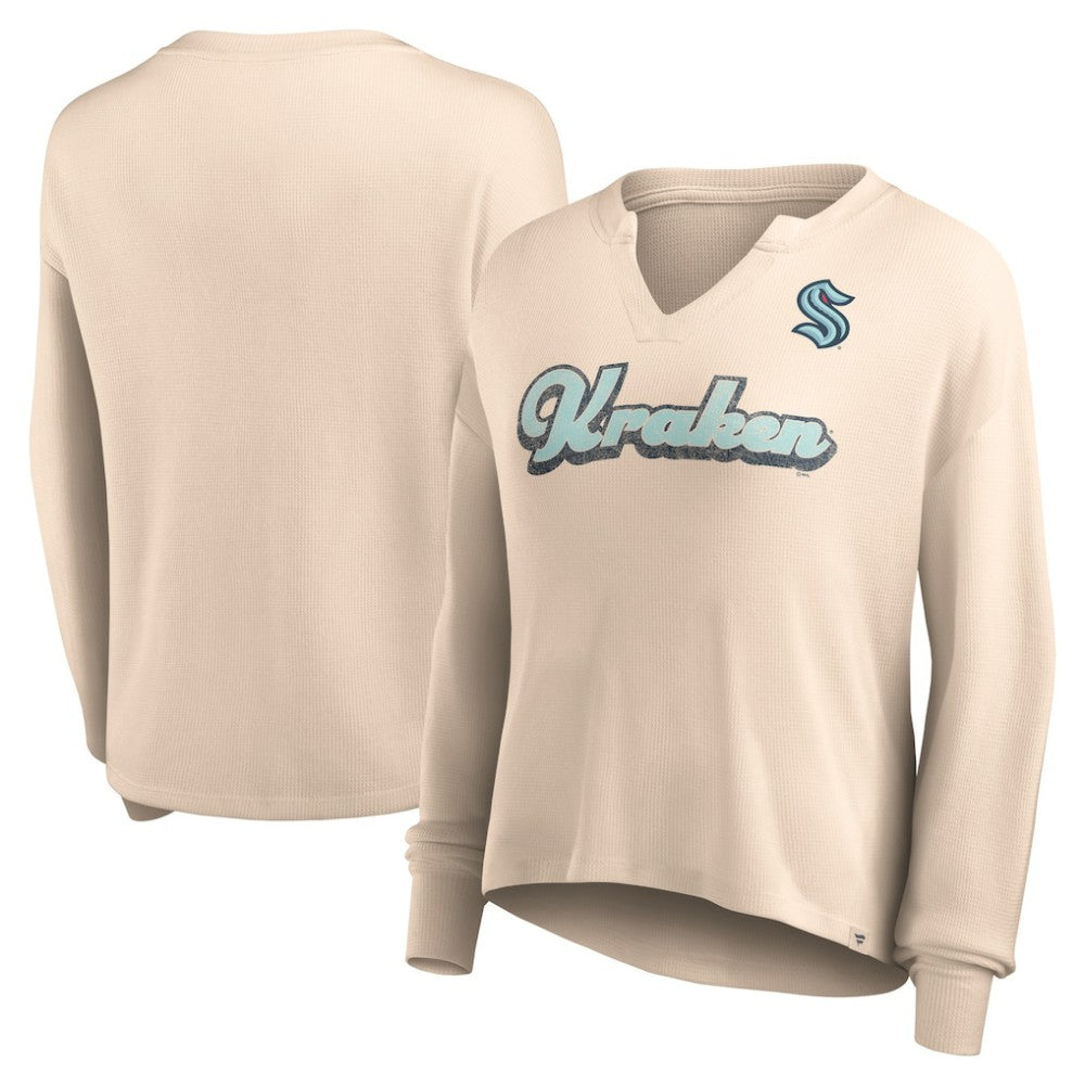 Seattle Kraken Fanatics Women's Go For It Notch Neck Waffle Knit Long Sleeve T-Shirt - Oatmeal | US 5249282
