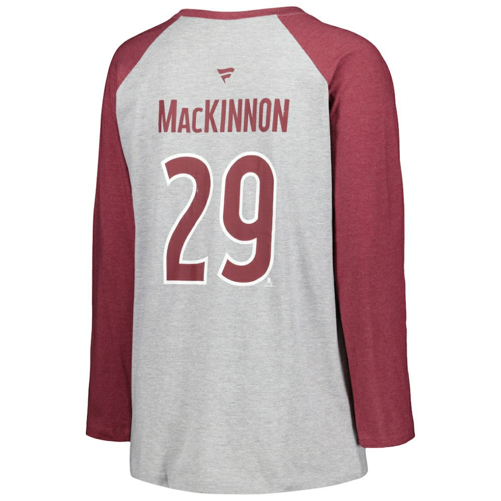 Nathan MacKinnon Colorado Avalanche Fanatics Women's Plus Size Name & Number Raglan Long Sleeve T-Shirt - Heather Gray/Heather Burgundy | US 5254399