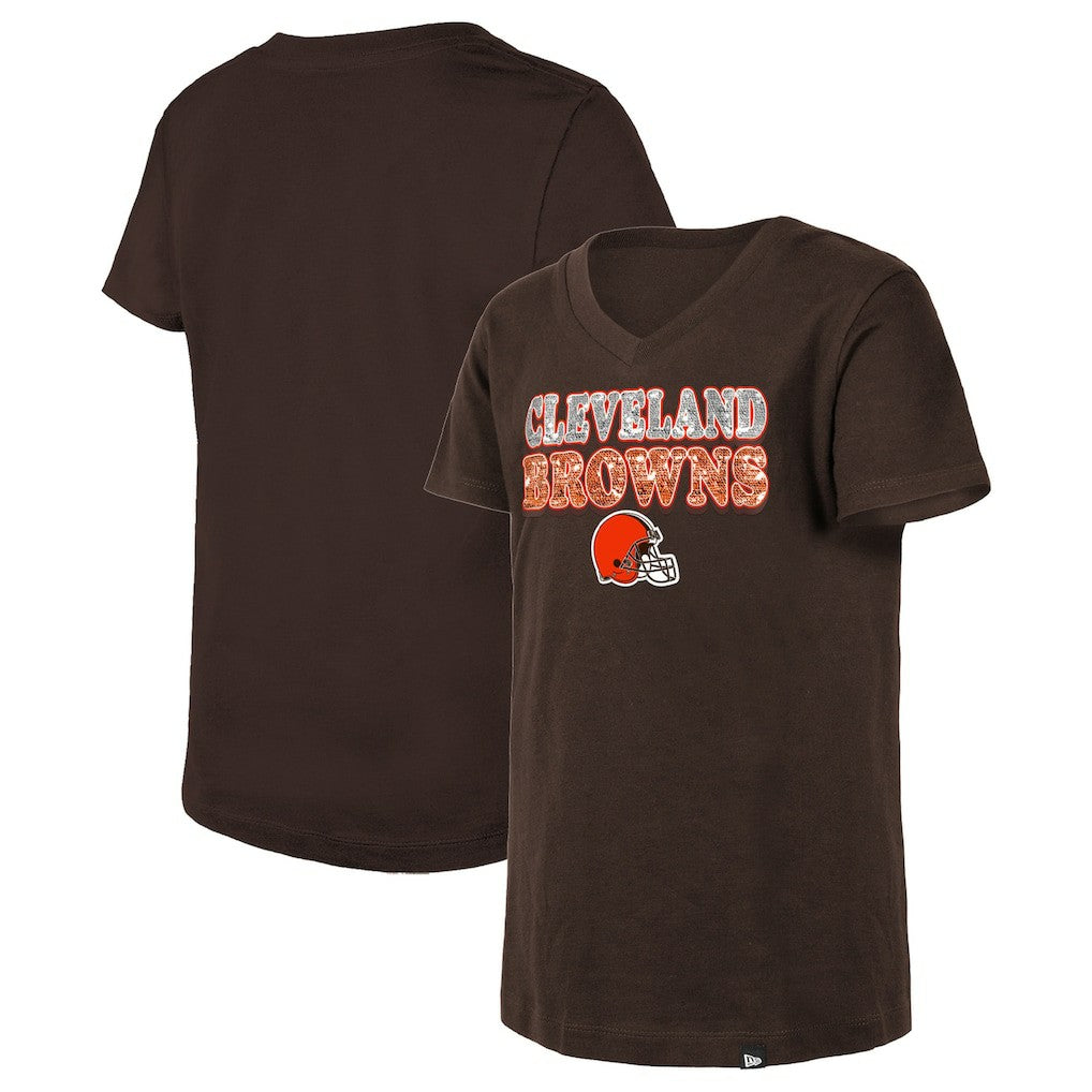 Cleveland Browns New Era Girls Youth Reverse Sequin V-Neck T-Shirt - Brown T-shirts