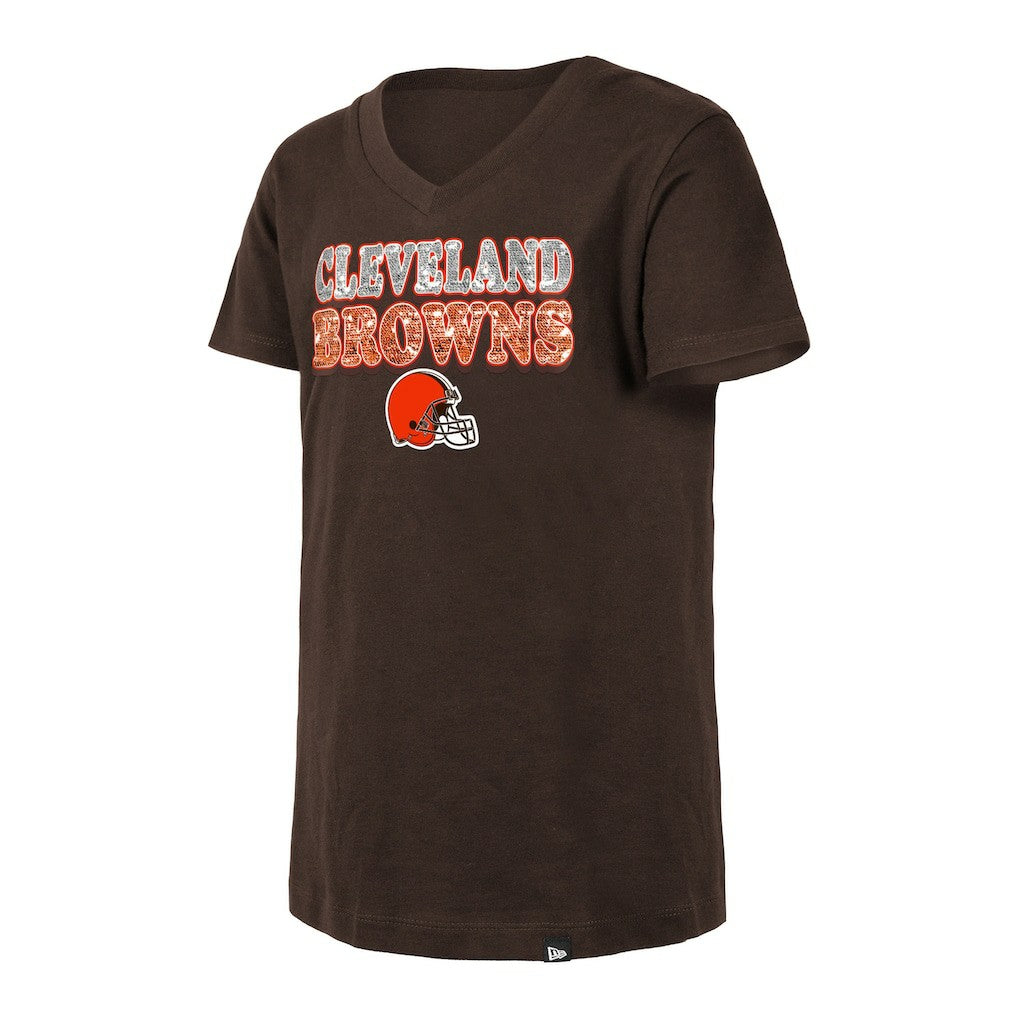 Cleveland Browns New Era Girls Youth Reverse Sequin V-Neck T-Shirt - Brown T-shirts