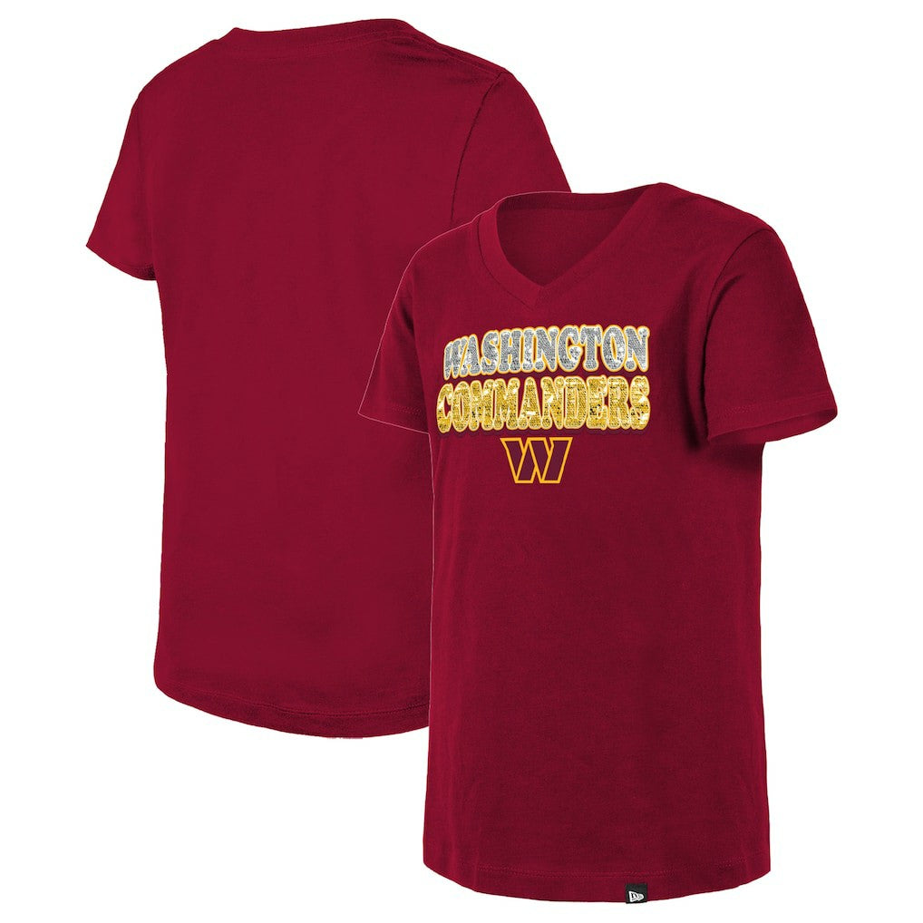 Washington Commanders New Era Girls Youth Reverse Sequin V-Neck T-Shirt - Burgundy T-shirts