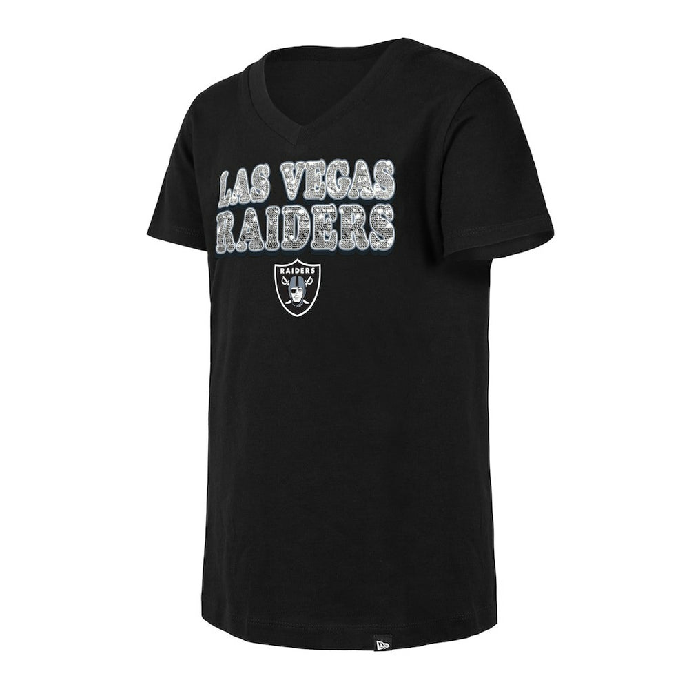 Las Vegas Raiders New Era Girls Youth Reverse Sequin V-Neck T-Shirt - Black T-shirts