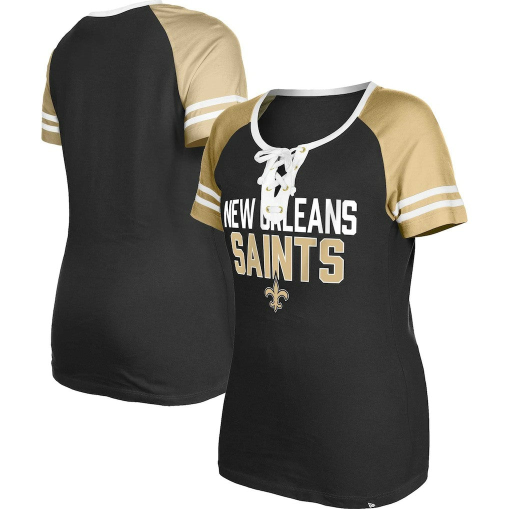 New Orleans Saints New Era Women's Raglan Lace-Up T-Shirt - Black T-shirts