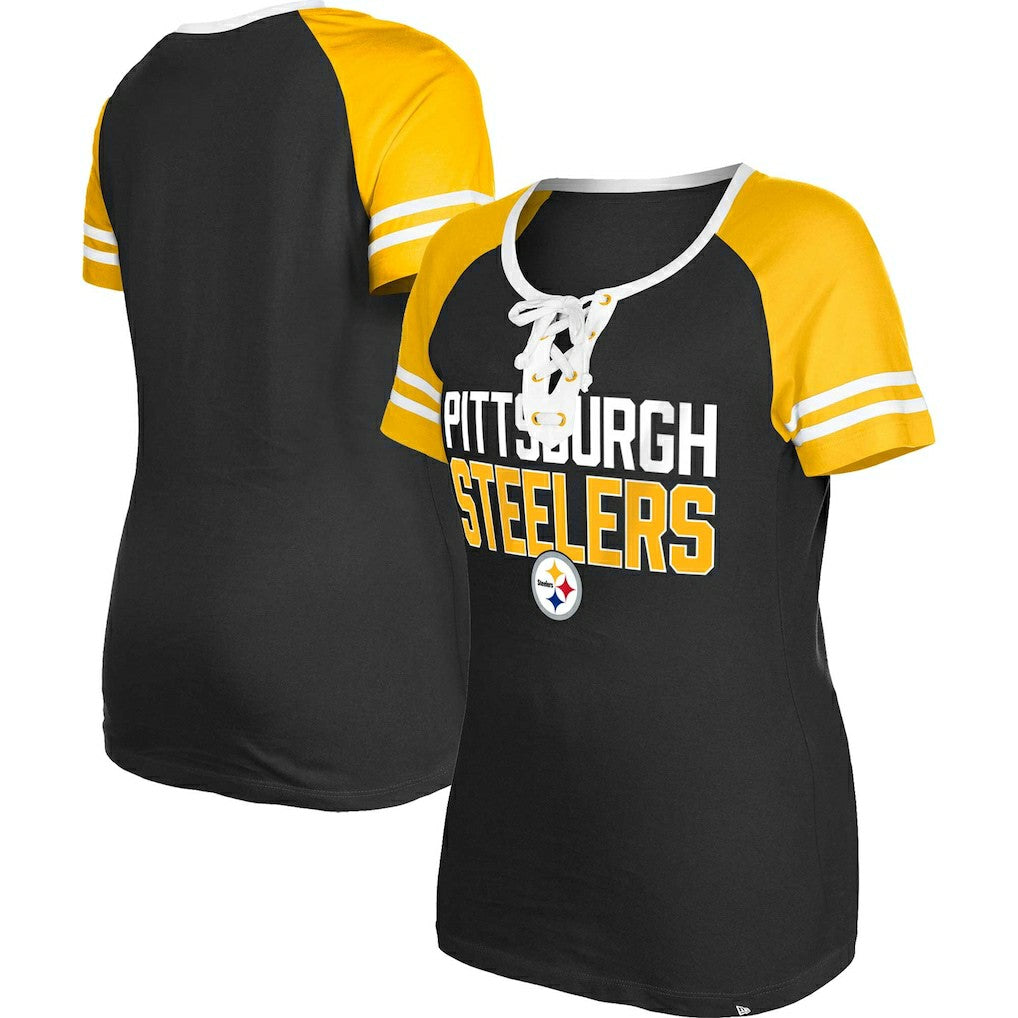 Pittsburgh Steelers New Era Women's Raglan Lace-Up T-Shirt - Black T-shirts