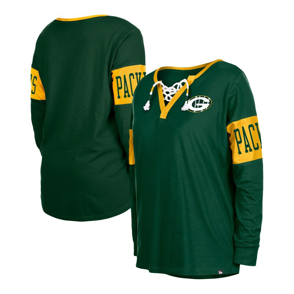 Green Bay Packers New Era Women's Lace-Up Notch Neck Long Sleeve T-Shirt - Green T-shirts