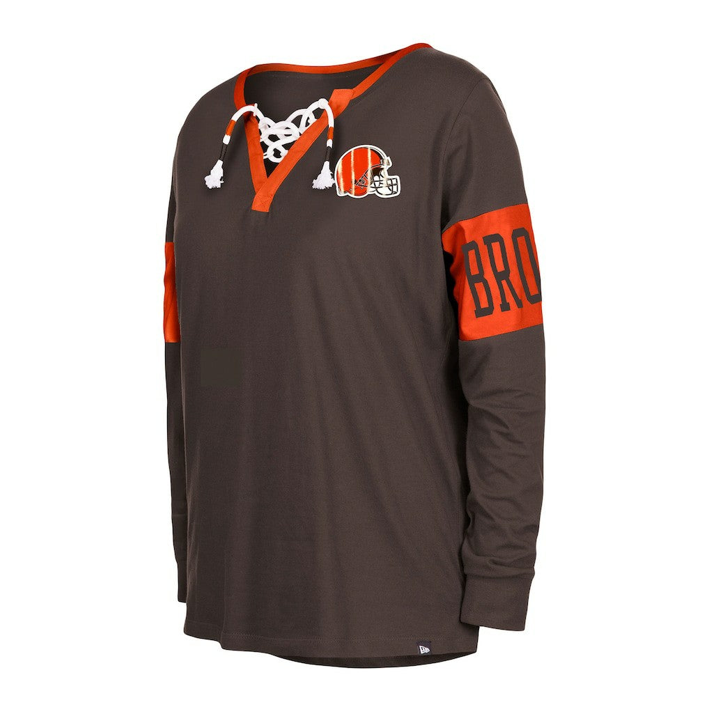 Cleveland Browns New Era Women's Lace-Up Notch Neck Long Sleeve T-Shirt - Brown T-shirts