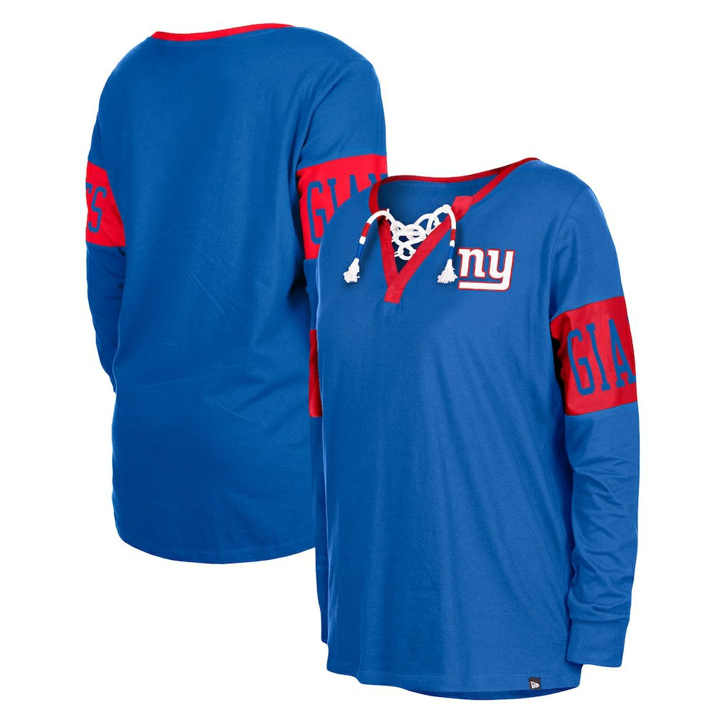 New York Giants New Era Women's Lace-Up Notch Neck Long Sleeve T-Shirt - Royal T-shirts