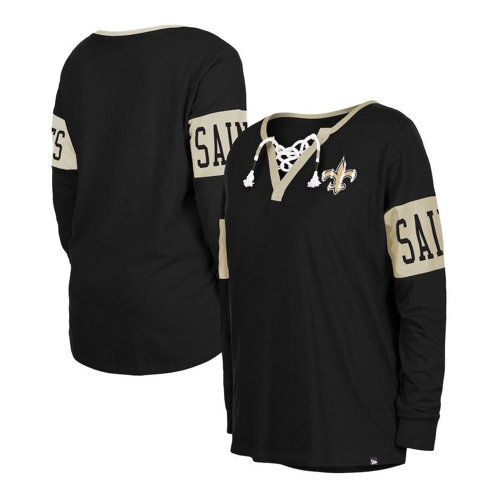 New Orleans Saints New Era Women's Lace-Up Notch Neck Long Sleeve T-Shirt - Black T-shirts