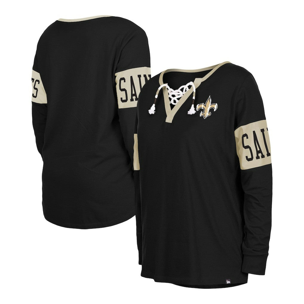 New Orleans Saints New Era Women's Lace-Up Notch Neck Long Sleeve T-Shirt - Black T-shirts