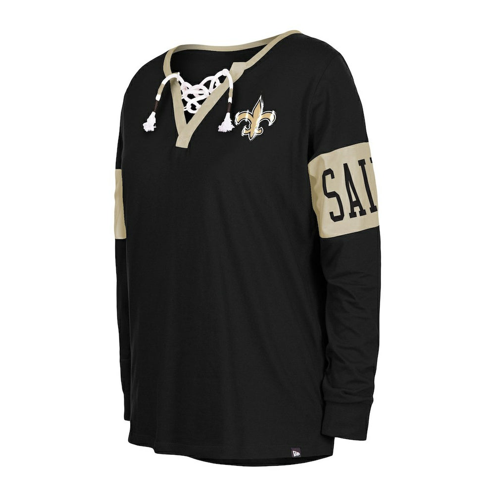 New Orleans Saints New Era Women's Lace-Up Notch Neck Long Sleeve T-Shirt - Black T-shirts
