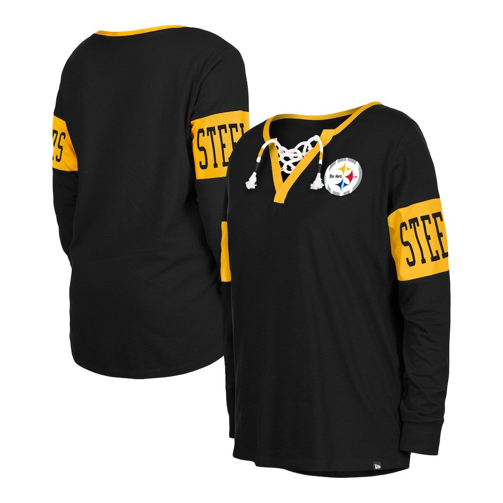 Pittsburgh Steelers New Era Women's Lace-Up Notch Neck Long Sleeve T-Shirt - Black T-shirts