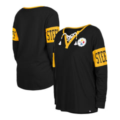 Pittsburgh Steelers New Era Women's Lace-Up Notch Neck Long Sleeve T-Shirt - Black T-shirts