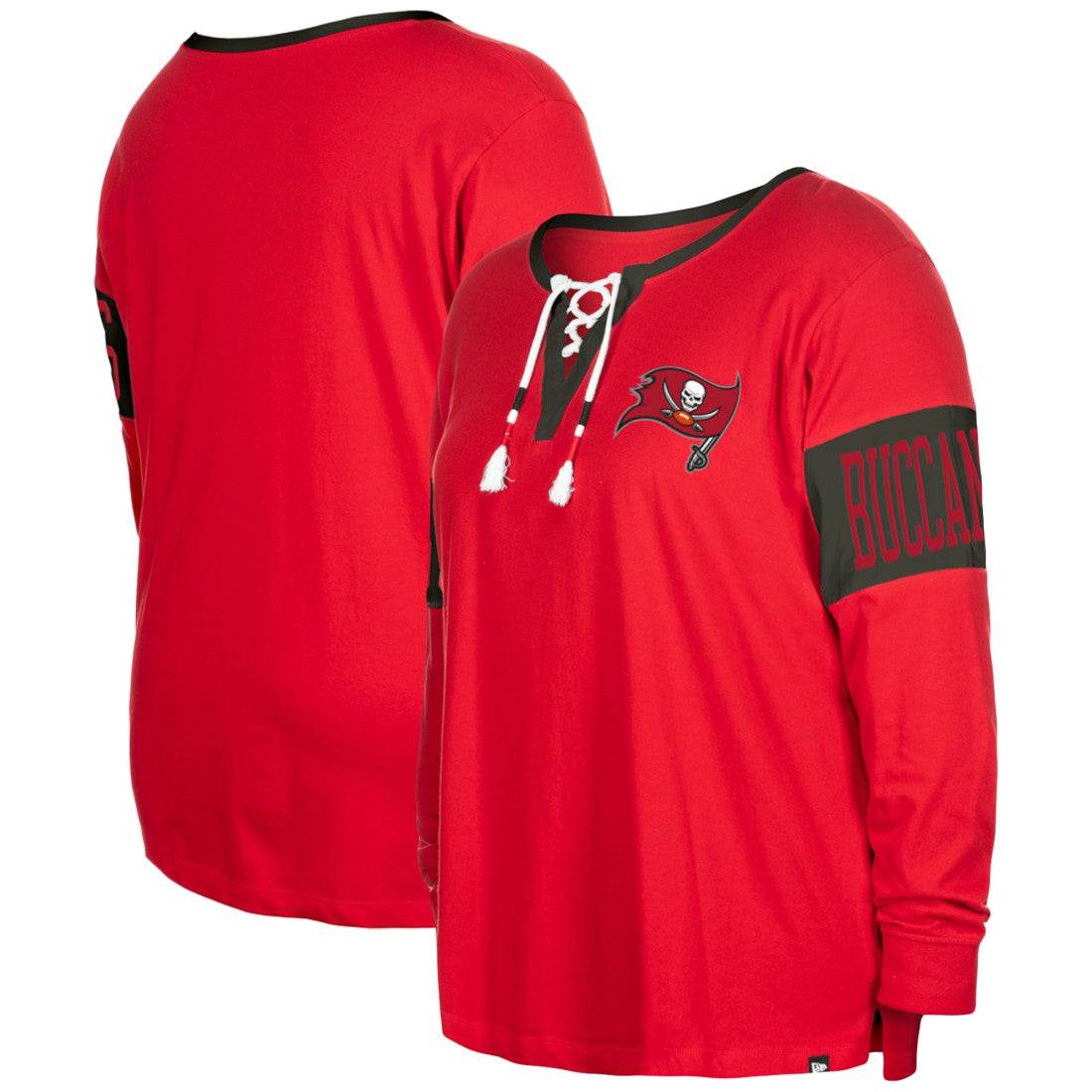Tampa Bay Buccaneers New Era Women's Plus Size Lace-Up Notch Neck Long Sleeve T-Shirt - Red T-shirts