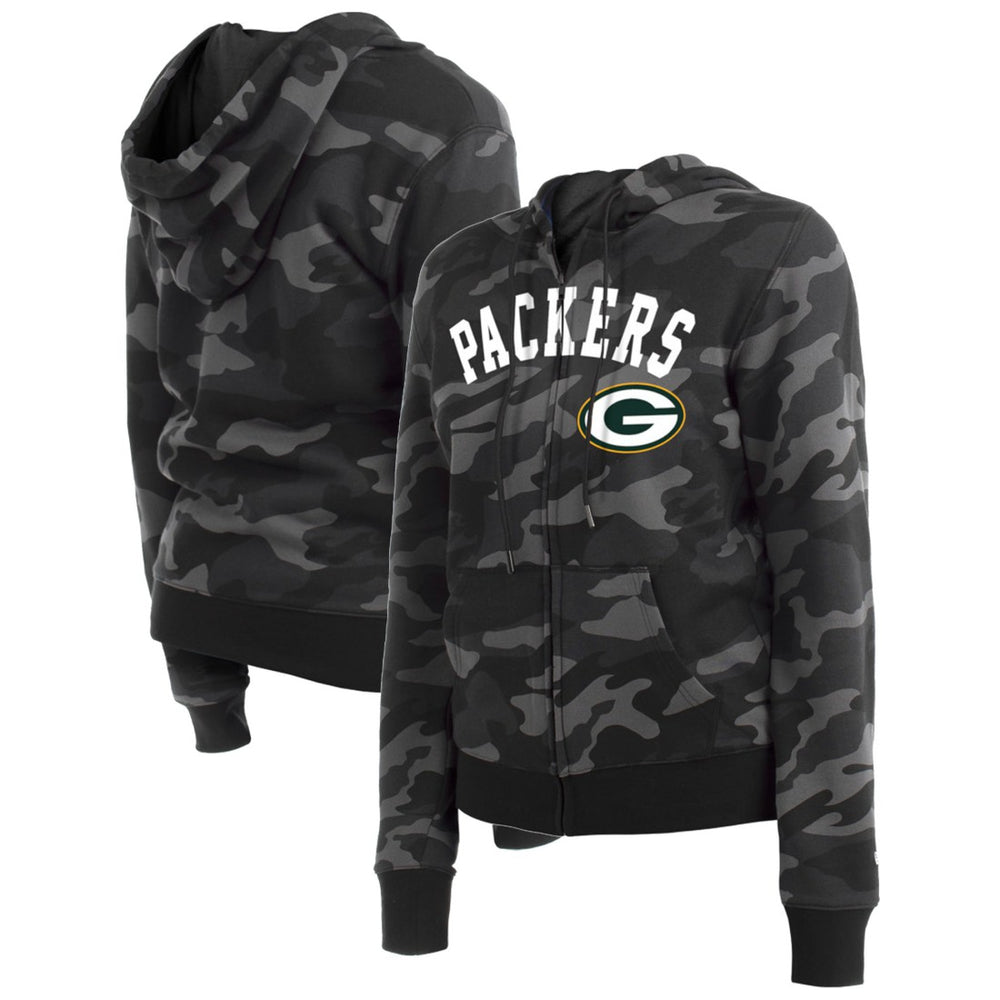 Green Bay Packers New Era Women's Camo Full-Zip Hoodie - Black Hoodies