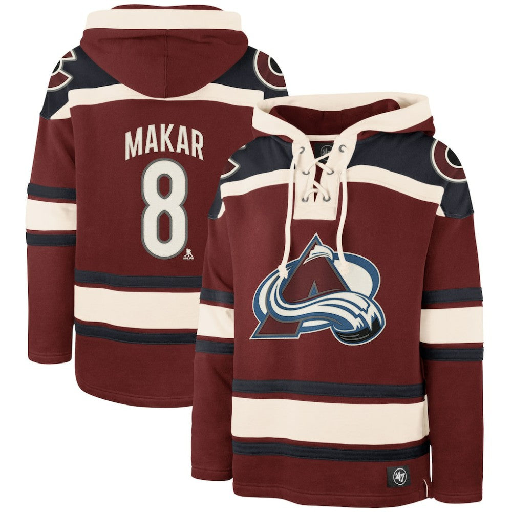 Cale Makar Colorado Avalanche '47 Player Name & Number Lacer Pullover Hoodie - Burgundy | US 5266613