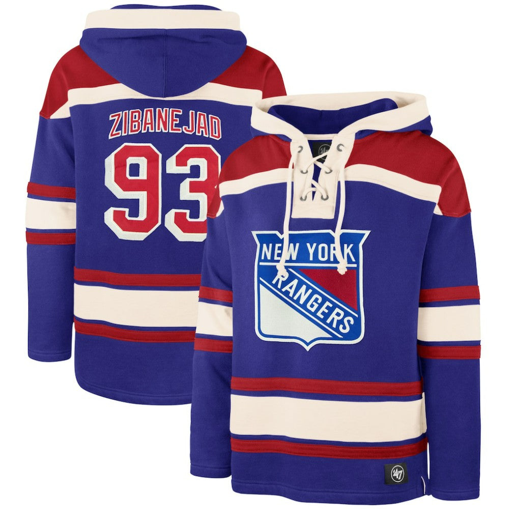 Mika Zibanejad New York Rangers '47 Player Name & Number Lacer Pullover Hoodie - Blue | US 5266614