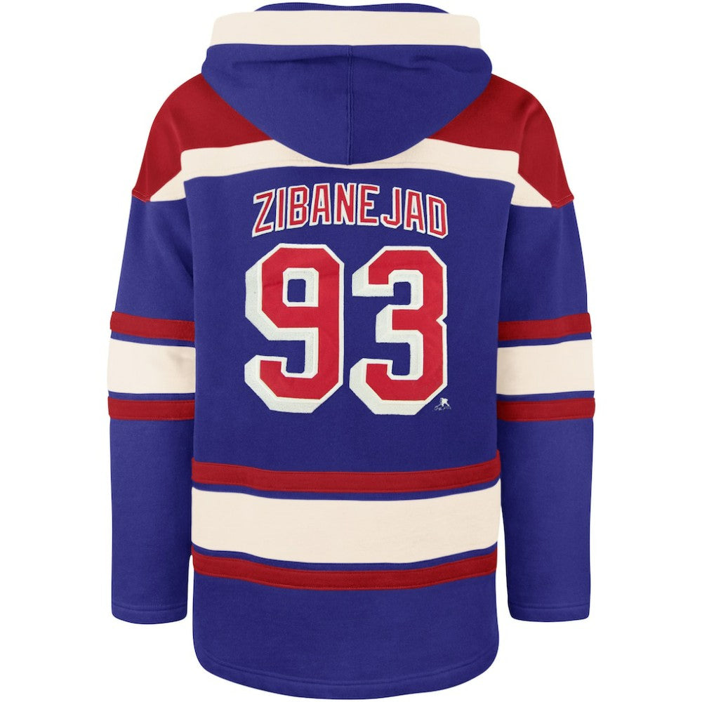 Mika Zibanejad New York Rangers '47 Player Name & Number Lacer Pullover Hoodie - Blue | US 5266614
